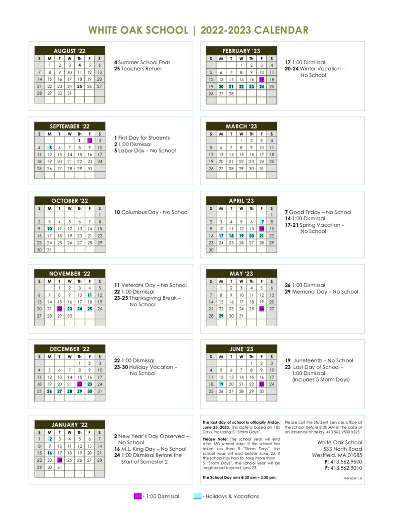 School Calendar 2019 2020 White Oak School